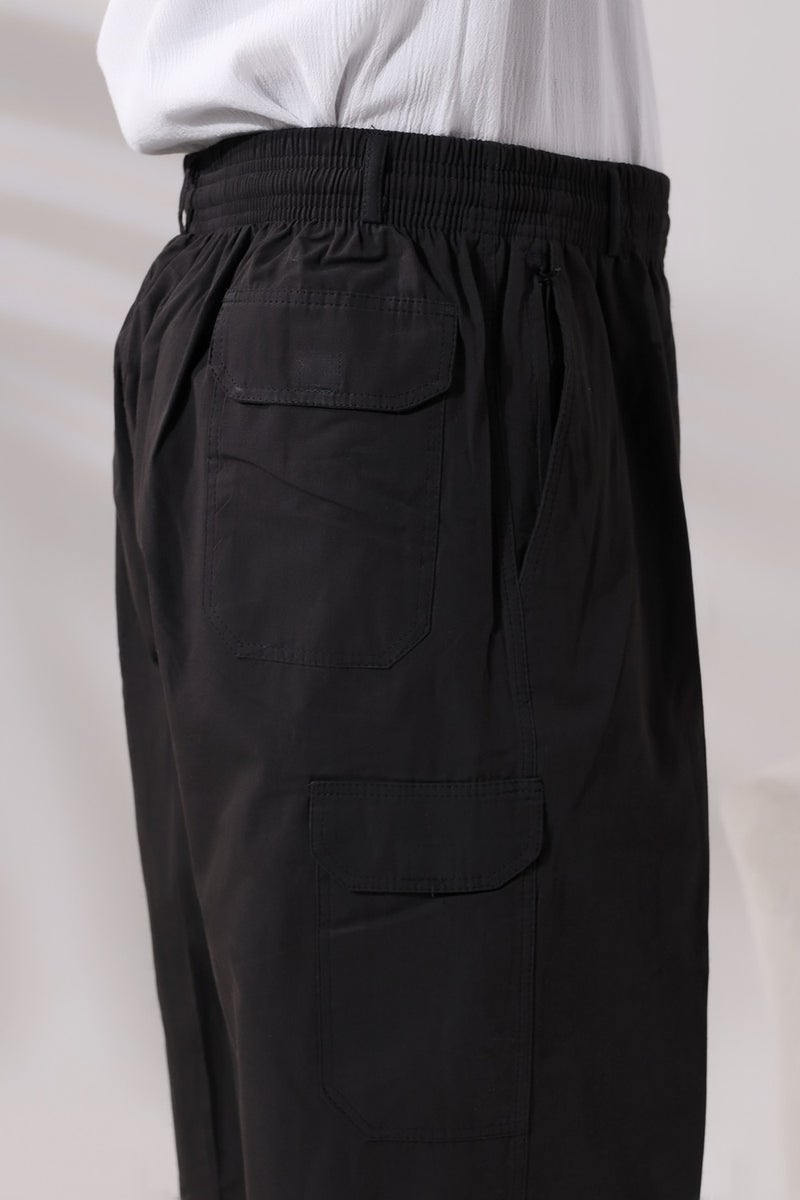 İhvan Online Men's Black Side Pocket Comfortable Cut Elastic Waist Cargo Hajj and Umrah Shalwar Trousers  - Image 5
