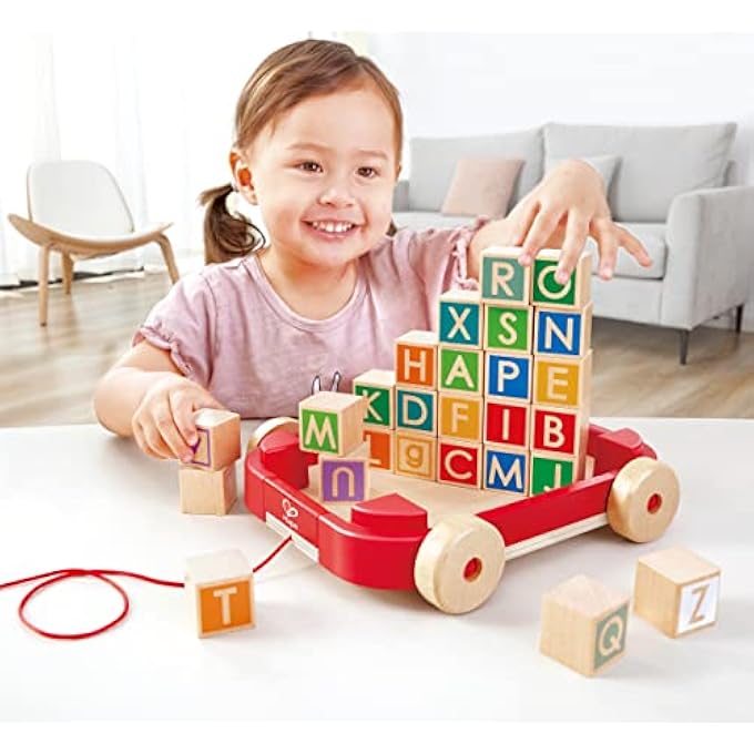PULL-ALONG CART WITH STACKING ALPHABET BLOCKS  26-PIECE WOODEN TODDLER TOY FOR LETTER RECOGNITION, FINE MOTOR SKILLS & EARLY LEARNING | PORTABLE BLOCK STORAGE FOR KIDS 24 MONTHS AND UP - Image 2