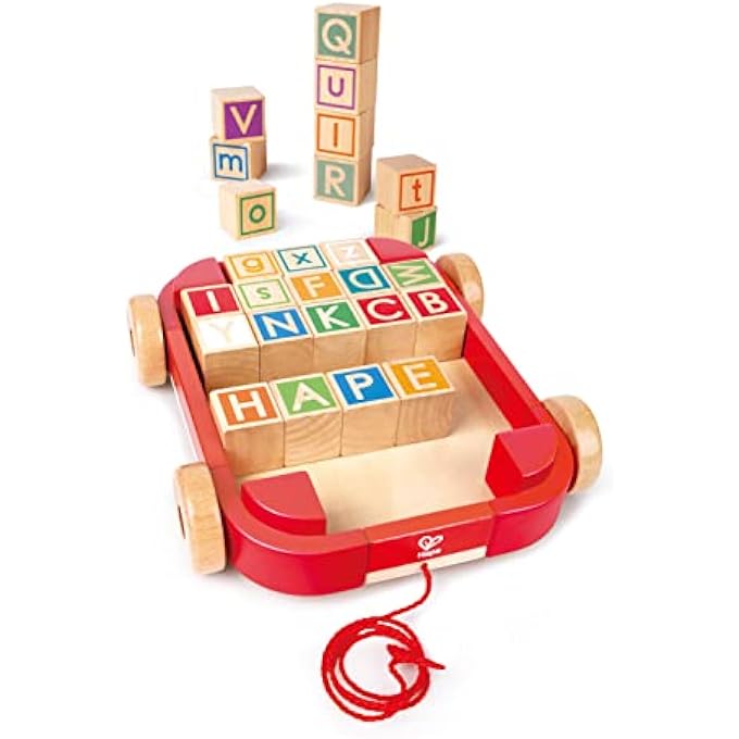PULL-ALONG CART WITH STACKING ALPHABET BLOCKS  26-PIECE WOODEN TODDLER TOY FOR LETTER RECOGNITION, FINE MOTOR SKILLS & EARLY LEARNING | PORTABLE BLOCK STORAGE FOR KIDS 24 MONTHS AND UP - Image 4