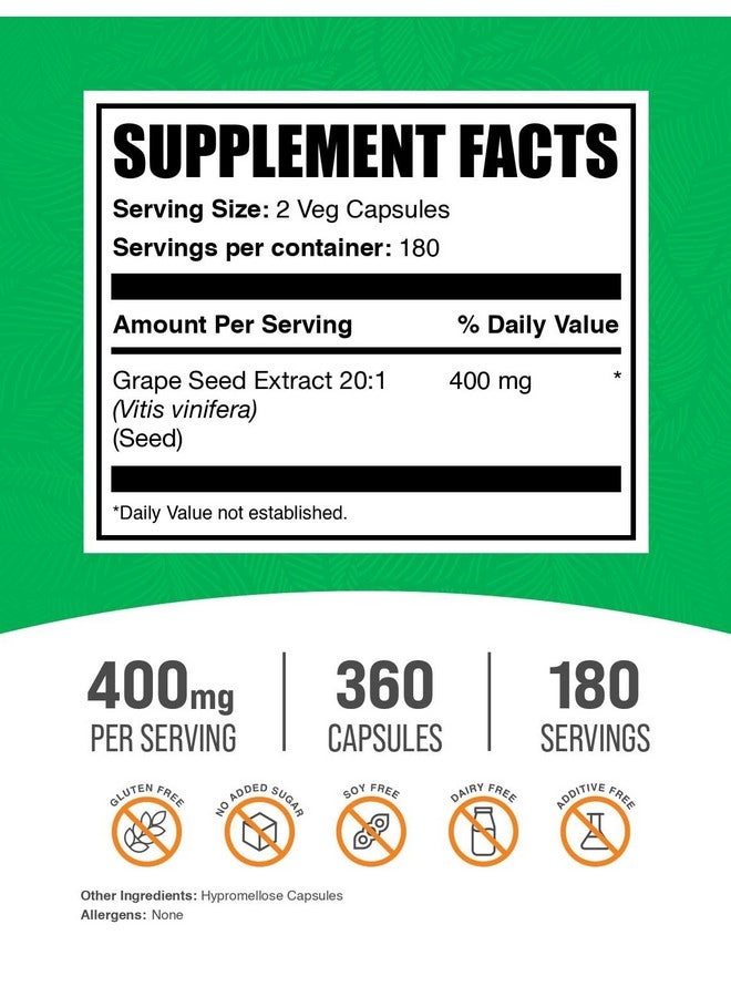 BulkSupplements.com Grape Seed Extract Capsules - Grape Seed Extract 400mg, Antioxidant Supplement - Vegan & Gluten Free, 2 Capsules per Serving, 360 Veg Capsules (Pack of 1) - Image 2