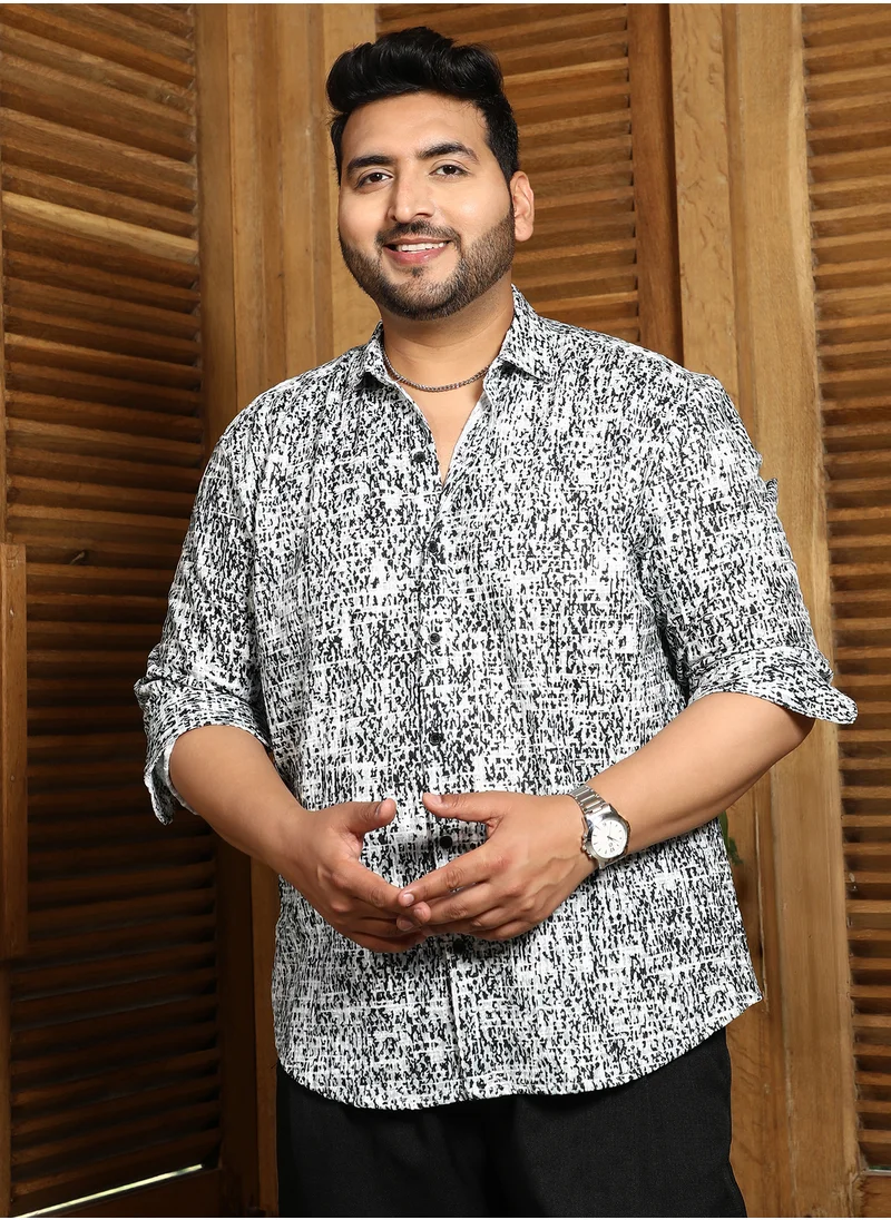 انستافاب بلس Instafab Plus Men's Cream White & Onyx Black Static-Imprint Shirt For Casual Wear | Spread Collar | Long Cuffed Sleeves | Button Closure | Plus Size Shirt Crafted With Comfort Fit For Everyday Wear
