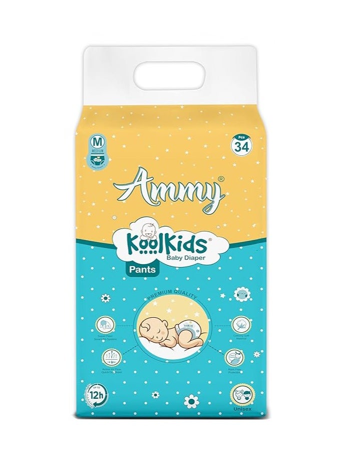 Ammy Ammy Koolkids Baby Diaper Pants, M Size (34 Count), Rash Free Diaper Pants for Babies,Super soft, Super Flexi Smart Fit- System, (7-12Kg)  - Image 1