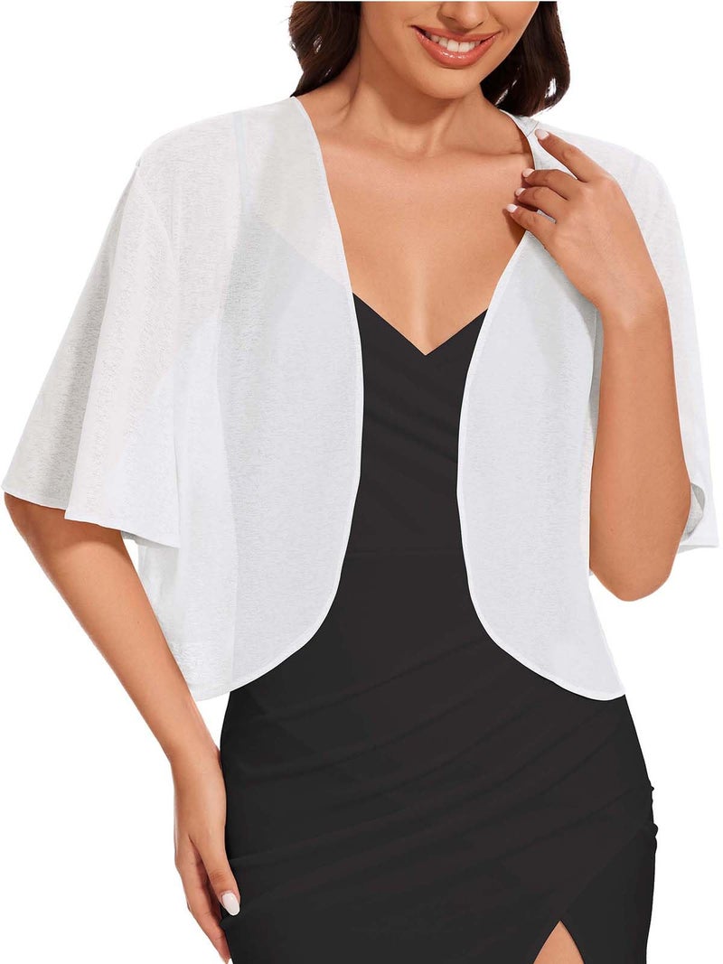 CHICGAL Women Bolero Shrug Cardigan Open Front Cover Up Sheer Short Sleeve Kimonos for Evening Dress(White,L) - Image 1