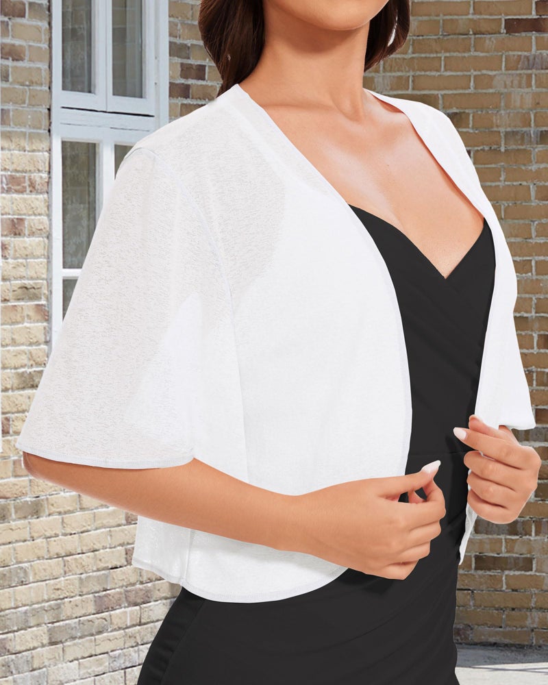 CHICGAL Women Bolero Shrug Cardigan Open Front Cover Up Sheer Short Sleeve Kimonos for Evening Dress(White,L) - Image 3