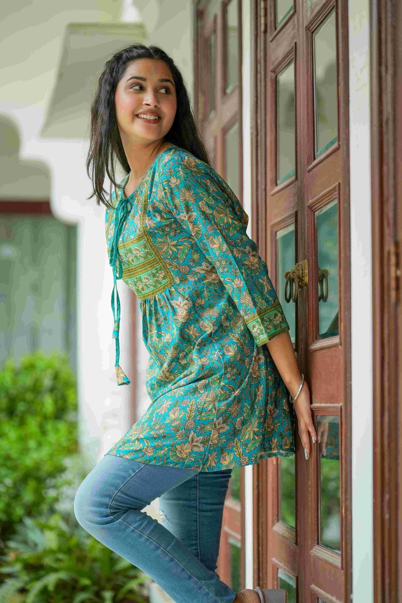 Yash Gallery Polyester Women's Floral Placement Printed 3/4 Sleeve Keyhole Neck Short Kurti (S, Green, Regular Fit) - Image 5