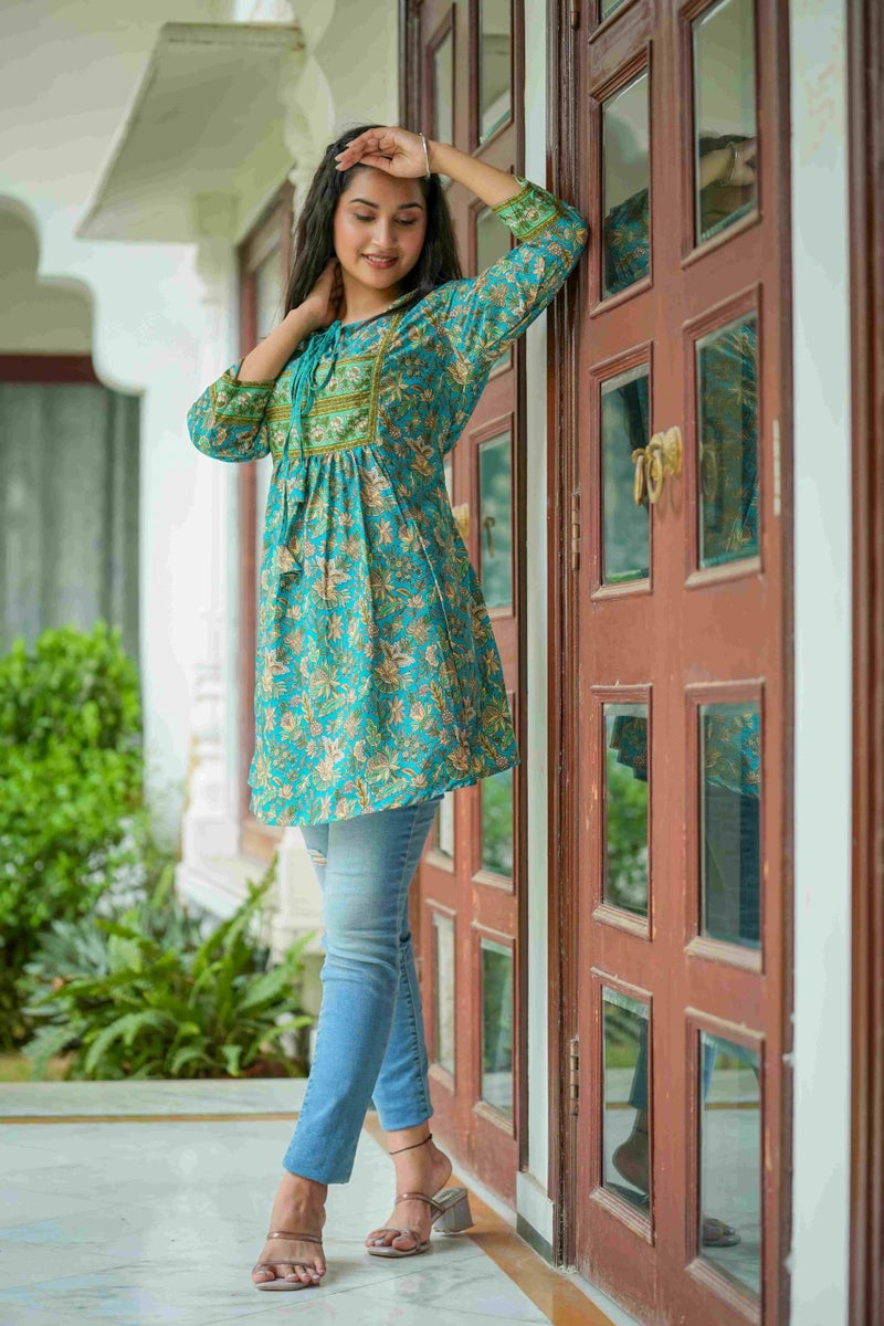 Yash Gallery Polyester Women's Floral Placement Printed 3/4 Sleeve Keyhole Neck Short Kurti (S, Green, Regular Fit) - Image 3
