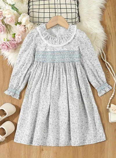 Take Two Girls Blue Floral Print Cotton Smocked Detail Dress