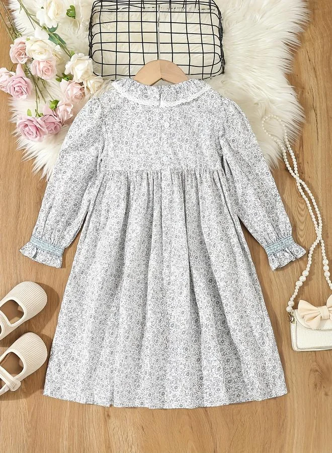 تايك تو Take Two Girls Blue Floral Print Cotton Smocked Detail Dress