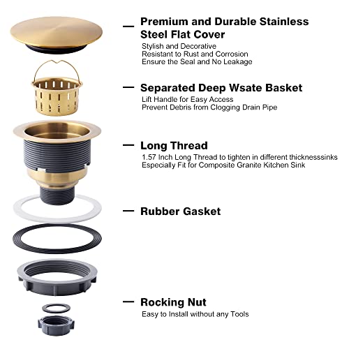 Lonsince Kitchen Sink Drain Assembly,Gold Sink Strainer Opening 3 1/2",Gold Kitchen Sink Drain with Removable Basket - Image 3