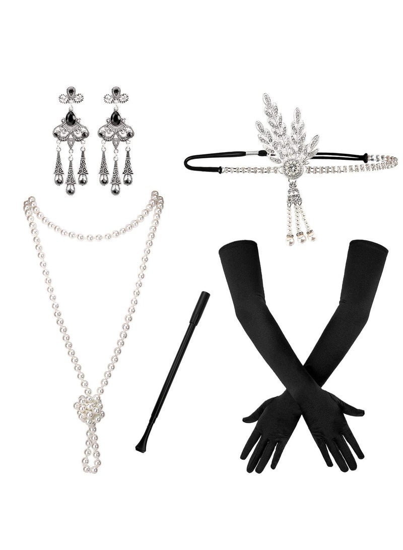 5pcs 1920s Flapper Accessories 20s Gatsby Costume Accessories Set for Women Headband Earrings Pearl Necklace Gloves - Image 1