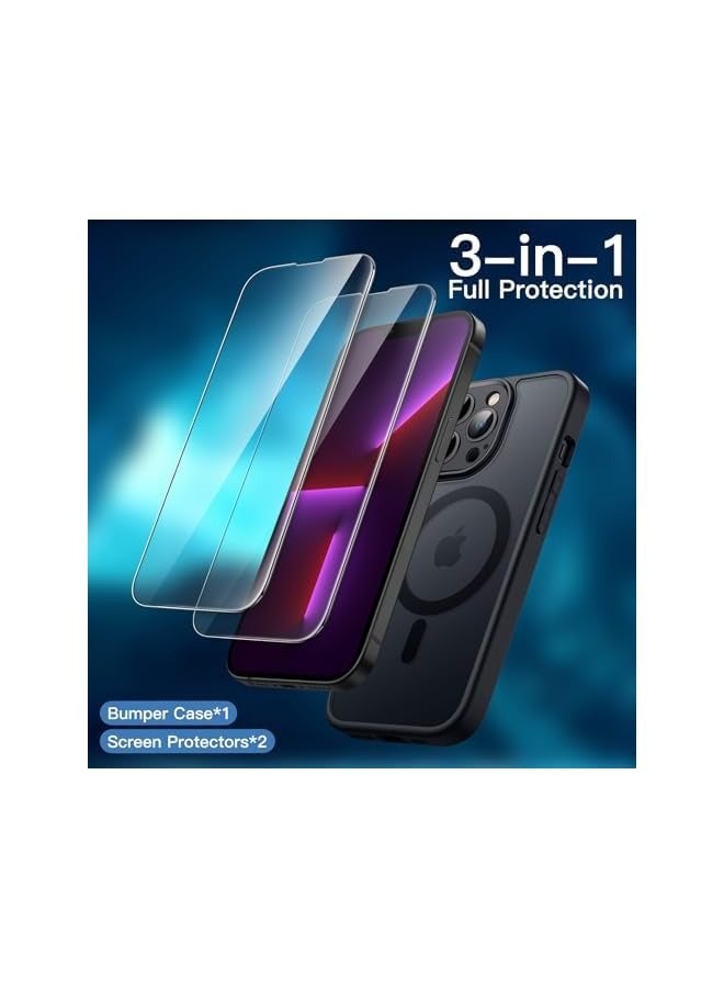 جي تيك جراب مغناطيسي 3 في 1 لهاتف iPhone 13 Pro مقاس 6.1 بوصة مع واقي شاشة من الزجاج المقوى مكون من قطعتين، متوافق مع MagSafe، غطاء خلفي شفاف غير لامع مقاوم للصدمات (أسود) - Image 2