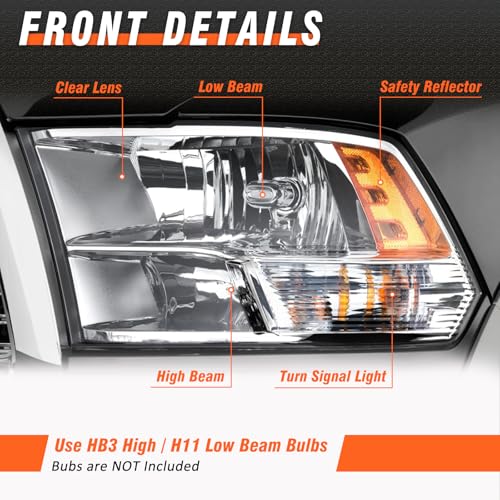 AXLAHA for Ram 1500 Headlights Assembly 2009-2018 Dodge | Dodge Ram 2500/3500 Headlights 2010-2018 Chrome Housing Amber Reflector Dual Light Style Headlamp Replacement Pair (W/O Bulbs) - Image 4