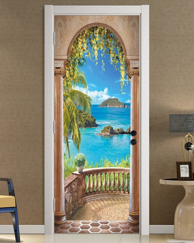 3D BALCONY ARCH SEASCAPE DOOR STICKERS SELFADHESIVE DOOR MURALS PHOTO WALLPAPER FOR LIVING ROOM BEDROOM DECORATION 303X787