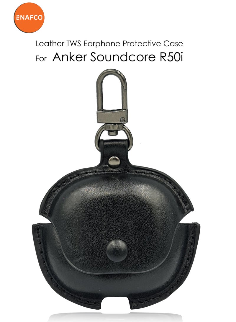NAFCO Leather TWS Earphone Protective Case with  Metal Hook Compatible For Anker Soundcore R50i - Flexible Non-Slip , Portable , Anti-Lost Hangable Strip , No Fingerprints, Stopper Dustproof  - Anker Soundcore R50i - Black  - Image 1