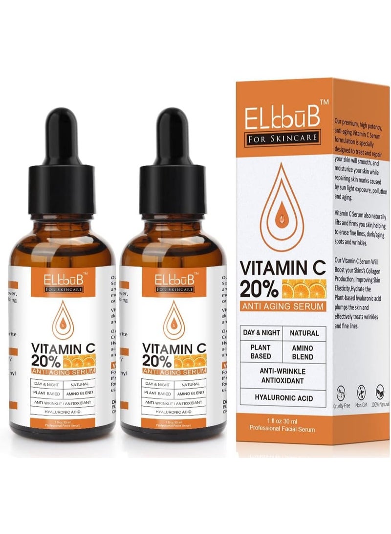 ELBBUB Premium 20% 𝐯𝐢𝐭𝐚𝐦𝐢𝐧 𝐜 𝐬𝐞𝐫𝐮𝐦 - (2PACK) with Hyaluronic Acid, Retinol & Amino Acids - Boost Skin Collagen,Hydrate & Plump Skin, Anti Aging & Wrinkle Facial Serum