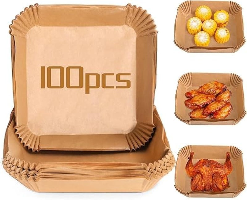 100pcs, Disposable Air Fryer Paper Liner, Non-stick Parchment Paper sheets for baking, Air Fryer paper square Liners 20 cm for Air fryer Oil-proof 8 Inch Airfryer Paper for Frying, Roasting Microwave - Image 1