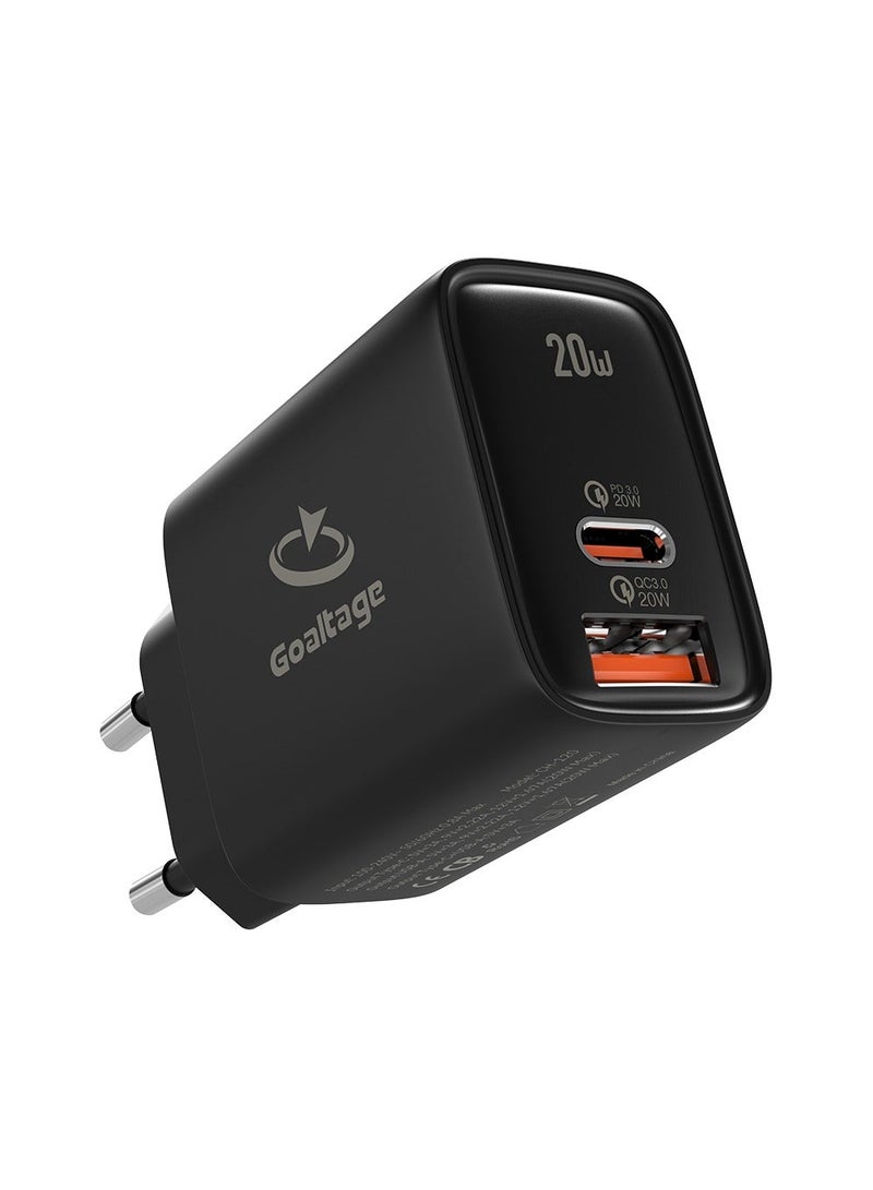 جولتيج شاحن حائط جولتیج 20 واط PD بمنفذين USB C و USB A، قابس اوروبي EU، خرج 5 فولت 3 امبير، حماية من ارتفاع الحرارة وزيادة التيار، توافق واسع، لون اسود - Image 1