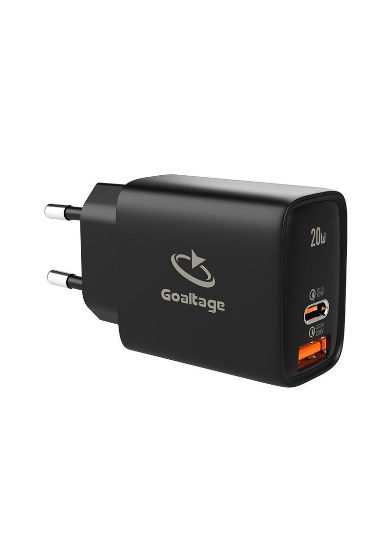 جولتيج شاحن حائط جولتیج 20 واط PD بمنفذين USB C و USB A، قابس اوروبي EU، خرج 5 فولت 3 امبير، حماية من ارتفاع الحرارة وزيادة التيار، توافق واسع، لون اسود - Image 4