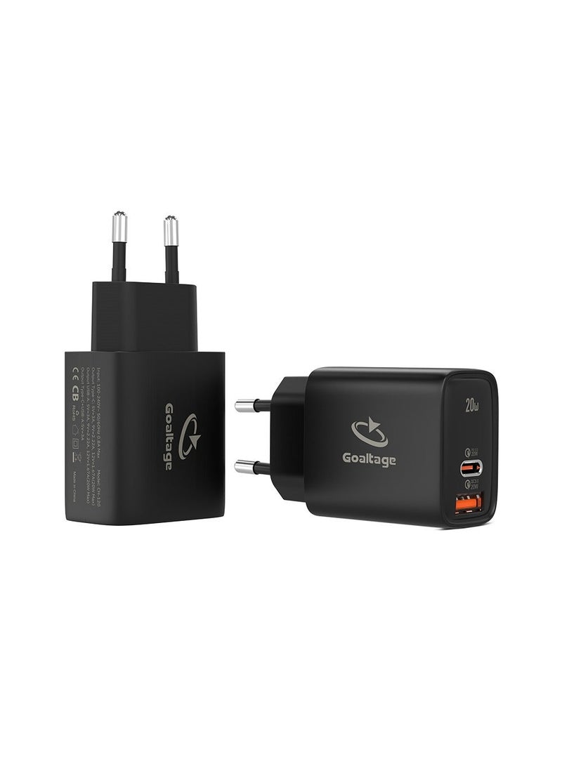 جولتيج شاحن حائط جولتیج 20 واط PD بمنفذين USB C و USB A، قابس اوروبي EU، خرج 5 فولت 3 امبير، حماية من ارتفاع الحرارة وزيادة التيار، توافق واسع، لون اسود - Image 3