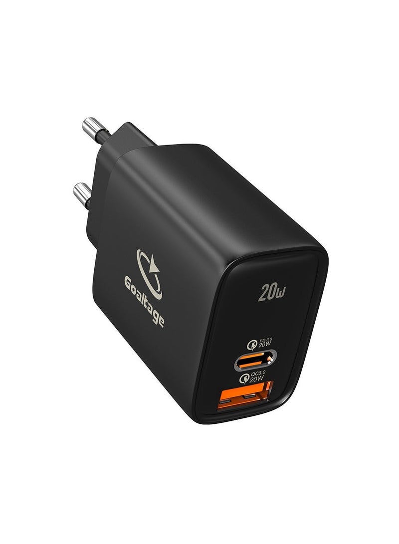 جولتيج شاحن حائط جولتیج 20 واط PD بمنفذين USB C و USB A، قابس اوروبي EU، خرج 5 فولت 3 امبير، حماية من ارتفاع الحرارة وزيادة التيار، توافق واسع، لون اسود - Image 2
