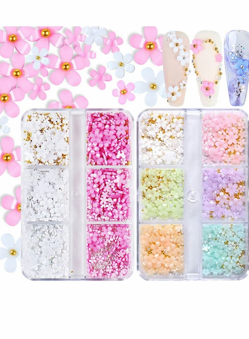 SYOSI 3D زهرة مسمار سحر 2 صناديق الاكريليك الزهور حجر الراين الأبيض الوردي الأزرق زهر الكرز الفن اللوازم مع اللؤلؤ مزيج مجموعة DIY الملحقات للسيدات الفتيات - Image 1