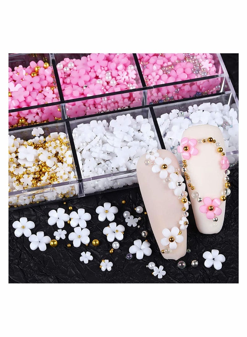 SYOSI 3D زهرة مسمار سحر 2 صناديق الاكريليك الزهور حجر الراين الأبيض الوردي الأزرق زهر الكرز الفن اللوازم مع اللؤلؤ مزيج مجموعة DIY الملحقات للسيدات الفتيات - Image 3