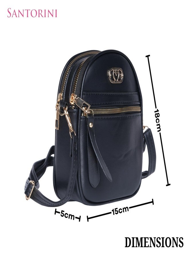 SANTORINI Mobile sling bag for women | Small bag with 2 Compartments and Zipper pocket along with Detachbale Strap | sling bag for woman | cross body bag for woman (Black) - Image 2