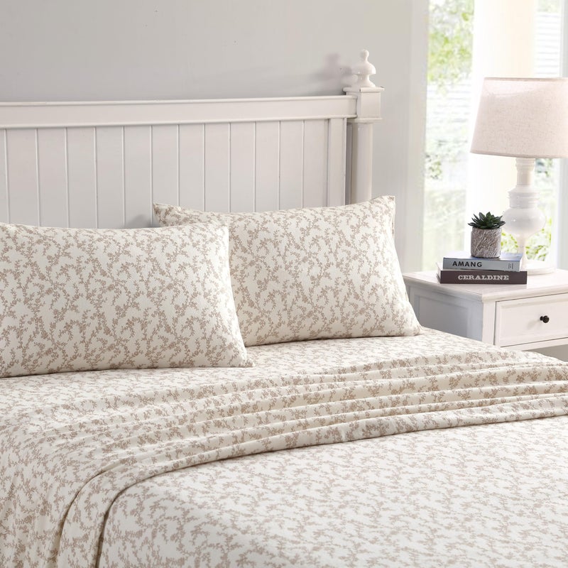 Laura Ashley  Queen Sheet Set Cotton Flannel Bedding Brushed for Extra Softness  Comfort Victoria Beige Queen