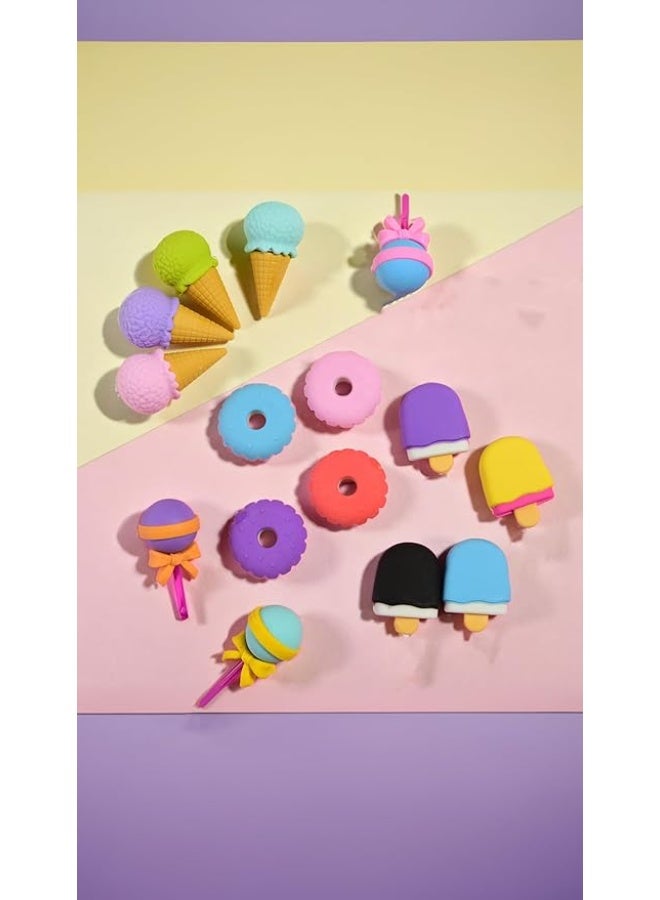 سوييت_سيڤن مجموعة من 16 قطعة من ممحاة الآيس كريم والدونات الصغيرة اللطيفة ثلاثية الابعاد من سويت سيفن - محايات احجية ممتعة ورائعة للحيوانات الاليفة للبنات - Image 1