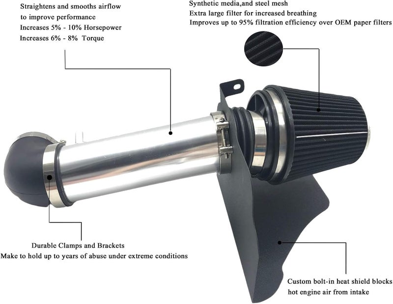 MOOSUN Intake Pipe Perfit Formance Cold Air Intake Kit with Filter 2005-2010 Fit for Dodge/Chrysler (Challenger, Charger, 300) 5.7L 6.1L V8 (Silver Tube & Black Filter) - Image 2