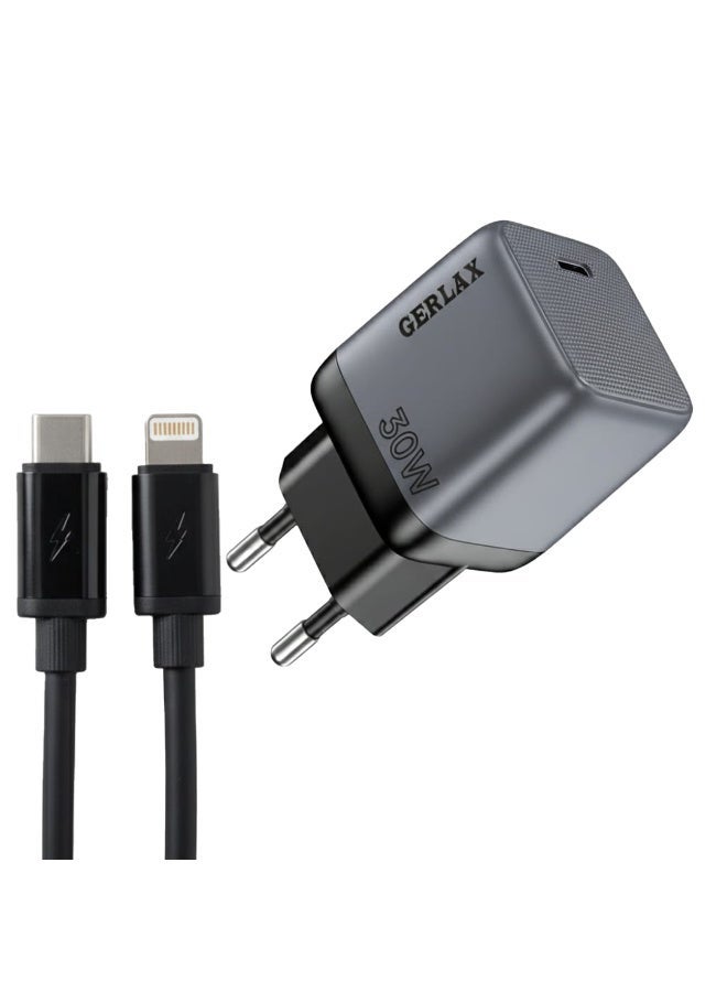GERLAX GA-48 30W Fast Wall Charger with Type-C to Lightning Cable 1m, Single Type-C Port PD Fast Charging Adapter, Compact Mini Design, Intelligent Safety Protection, Quick Charge Compatible for All Devices - Image 1