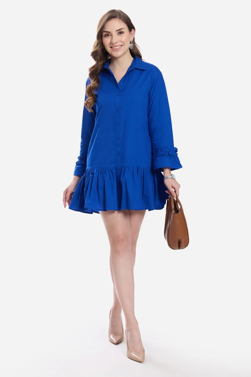 فيرجيو Solid Cotton Ruffle Mini Dress for Women