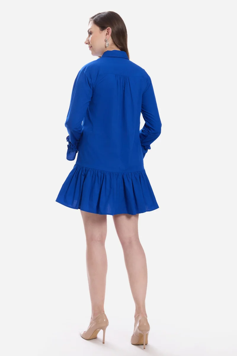 Virgio Blue Solid Cotton Ruffle Mini Dress for Women for Women | Best Price UAE