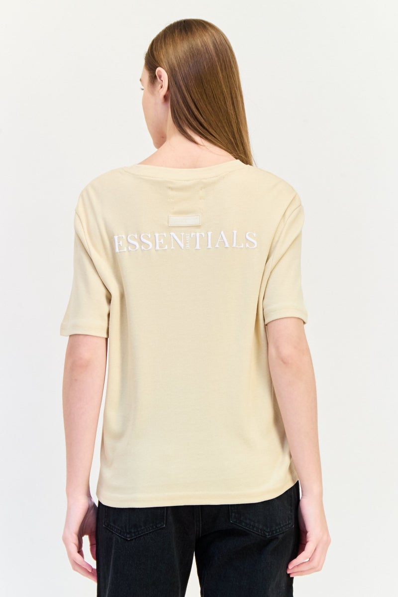 Blank Essentials Women Round Neck Short Sleeves Brand Logo T-Shirt, Beige - Image 3
