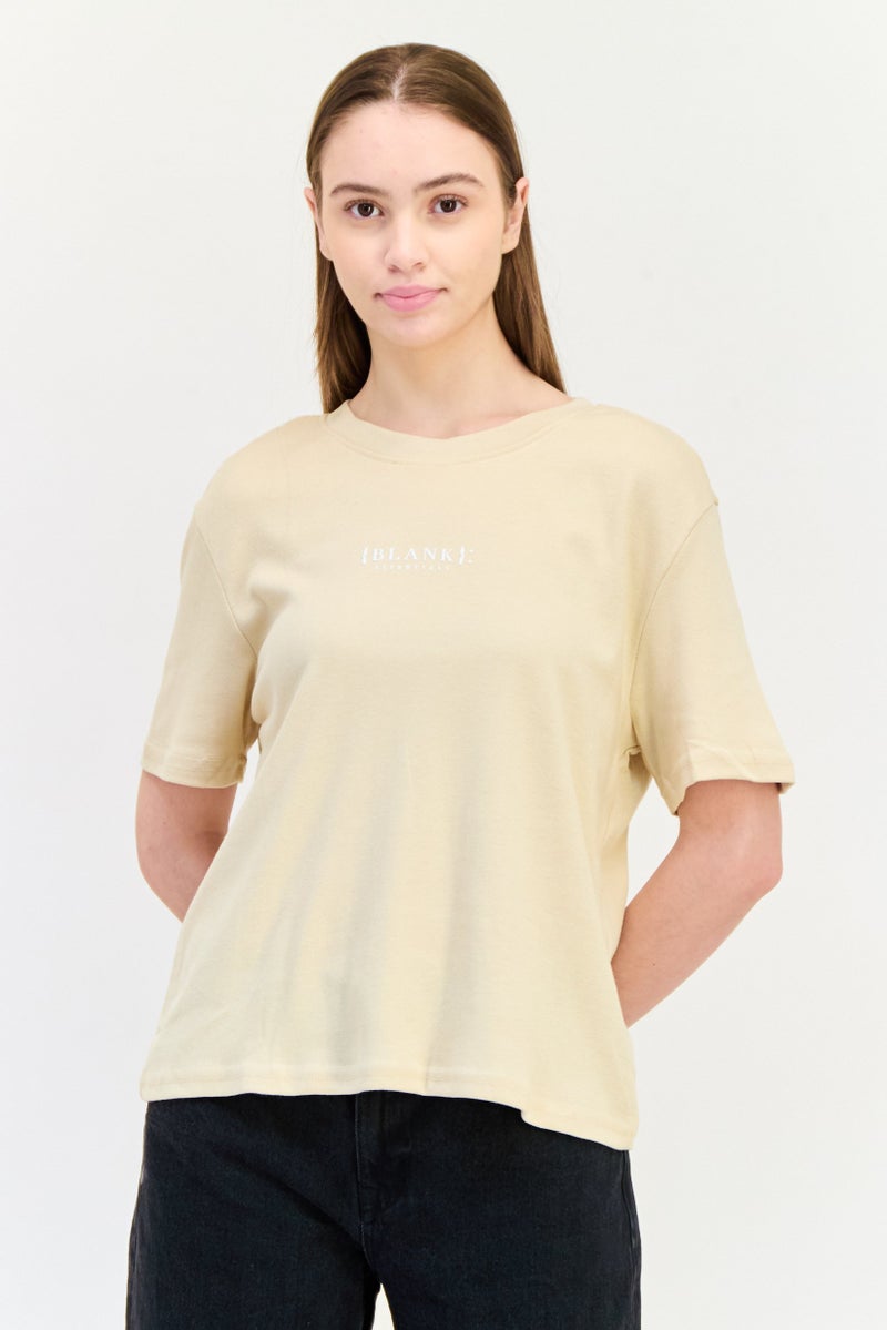 Blank Essentials Women Round Neck Short Sleeves Brand Logo T-Shirt, Beige - Image 1