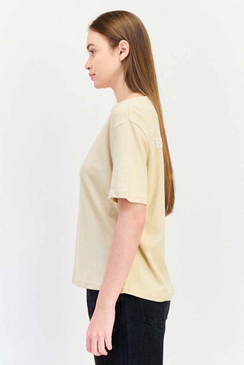 Blank Essentials Women Round Neck Short Sleeves Brand Logo T-Shirt, Beige - Image 2