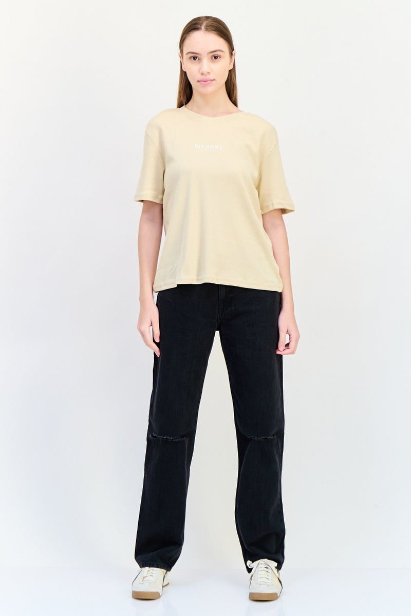 Blank Essentials Women Round Neck Short Sleeves Brand Logo T-Shirt, Beige - Image 4