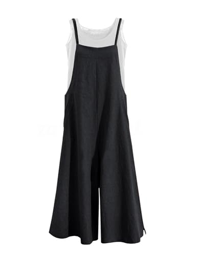 YESNO Women Casual Loose Long Bib Pants Wide Leg Jumpsuits Baggy Cotton Rompers Overalls with Pockets (S PZZTYP2 Black) - Image 5