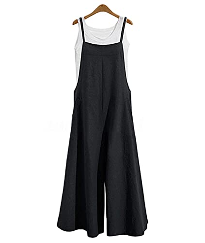 YESNO Women Casual Loose Long Bib Pants Wide Leg Jumpsuits Baggy Cotton Rompers Overalls with Pockets (S PZZTYP2 Black) - Image 3