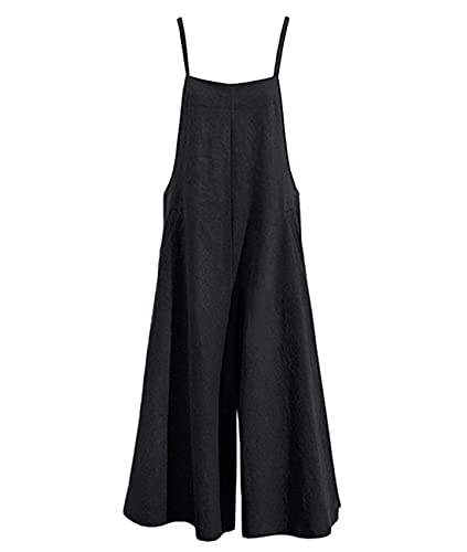 YESNO Women Casual Loose Long Bib Pants Wide Leg Jumpsuits Baggy Cotton Rompers Overalls with Pockets (S PZZTYP2 Black) - Image 4