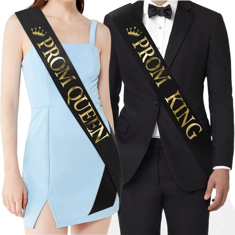 TTCOROCK "Prom King" and "Prom Queen" Sashes - Graduation Party School Party Accessories, Black with Gold Print - Image 1