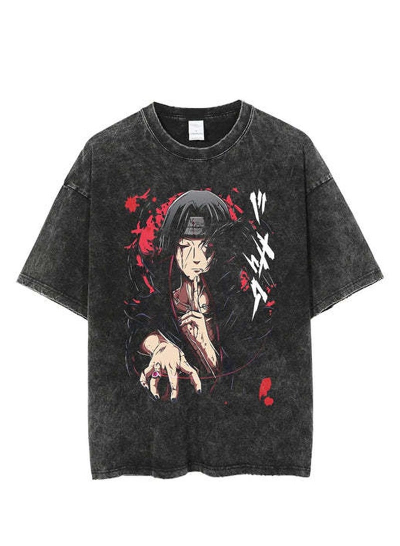Washed retro T-shirt street hip hop anime Naruto casual cotton summer short sleeves - Image 1