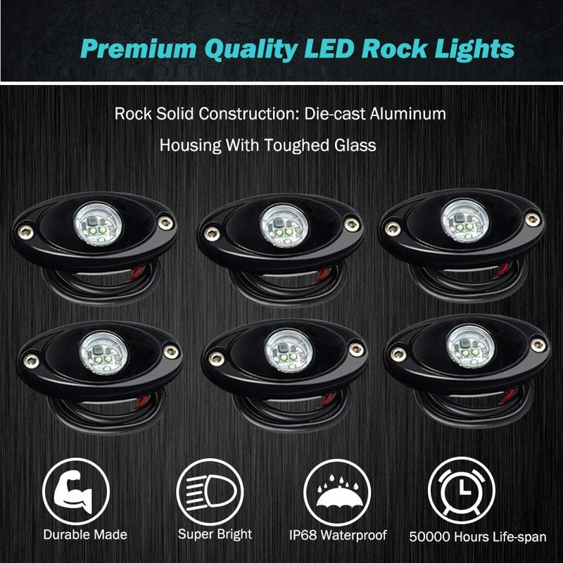 حزمة أضواء LED للصخور، تحتوي على 6 وحدات، لون أبيض، ضوء نيون، لسيارات الجيب (Jeep JK، TJ)، ومركبات الـ UTV، والـ ATV، والـ SUV، والـ RZR، والسيارات المخصصة للطرق الوعرة، وسيارات الكامبر (Camper)، وإضاءة أسفل الهيكل للقوارب، مقاومة للماء. - Image 2