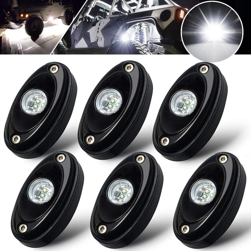 حزمة أضواء LED للصخور، تحتوي على 6 وحدات، لون أبيض، ضوء نيون، لسيارات الجيب (Jeep JK، TJ)، ومركبات الـ UTV، والـ ATV، والـ SUV، والـ RZR، والسيارات المخصصة للطرق الوعرة، وسيارات الكامبر (Camper)، وإضاءة أسفل الهيكل للقوارب، مقاومة للماء. - Image 1