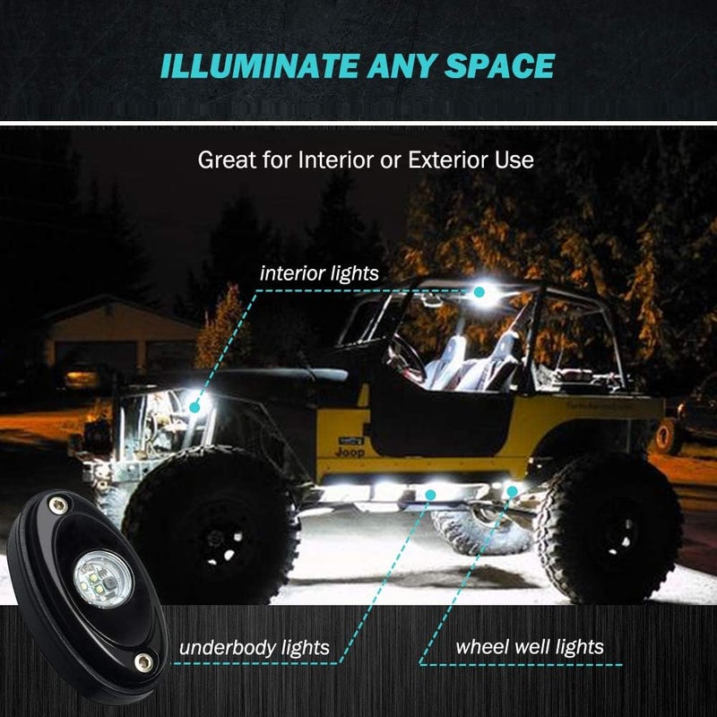 حزمة أضواء LED للصخور، تحتوي على 6 وحدات، لون أبيض، ضوء نيون، لسيارات الجيب (Jeep JK، TJ)، ومركبات الـ UTV، والـ ATV، والـ SUV، والـ RZR، والسيارات المخصصة للطرق الوعرة، وسيارات الكامبر (Camper)، وإضاءة أسفل الهيكل للقوارب، مقاومة للماء. - Image 3