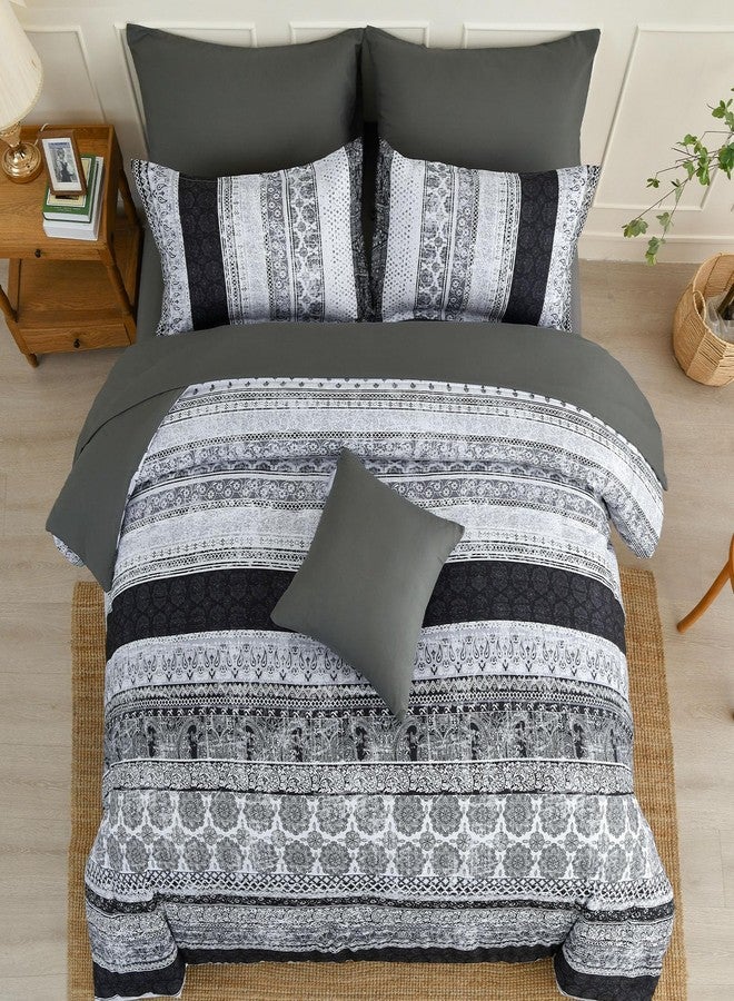 Cottolester Boho Queen Size Comforter Set 8 Pieces,Gray Bohemian Striped Bed in a Bag,Floral Soft Microfiber Bedding Comforter Set - Image 5