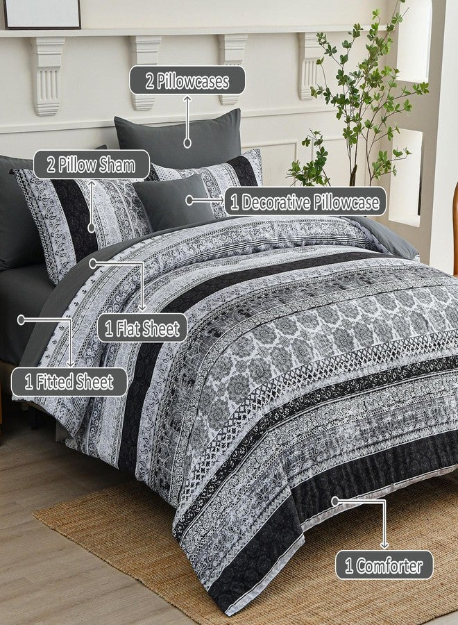 Cottolester Boho Queen Size Comforter Set 8 Pieces,Gray Bohemian Striped Bed in a Bag,Floral Soft Microfiber Bedding Comforter Set - Image 2