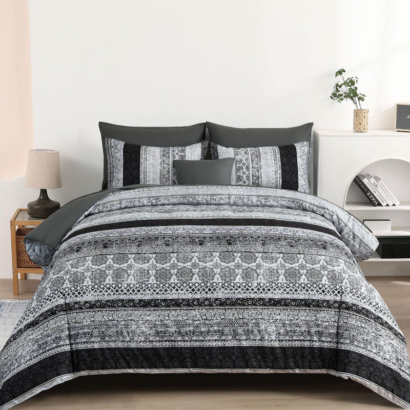 Cottolester Boho Queen Size Comforter Set 8 Pieces,Gray Bohemian Striped Bed in a Bag,Floral Soft Microfiber Bedding Comforter Set - Image 1