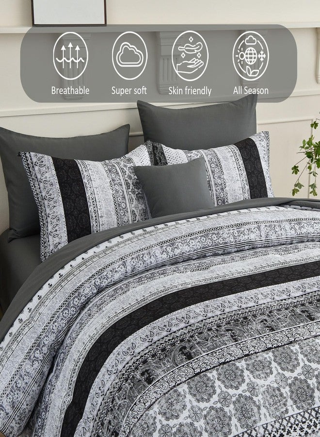 Cottolester Boho Queen Size Comforter Set 8 Pieces,Gray Bohemian Striped Bed in a Bag,Floral Soft Microfiber Bedding Comforter Set - Image 3