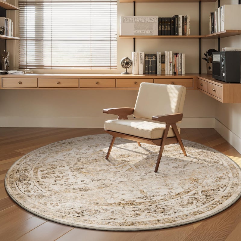 AMOAMI-6FT Round Rug-Rugs for Living Room-Vintage Soft Beige Rugs for Bedroom-Non Slip Circle Rug-Machine Washable Rug for Dining Room Living Room Bedroom Office Under Table - Image 3